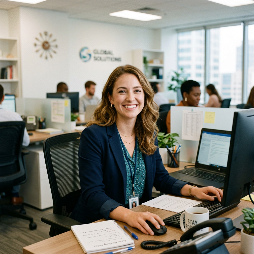 Smiling woman using computer at office workstation with papers and coffee mug